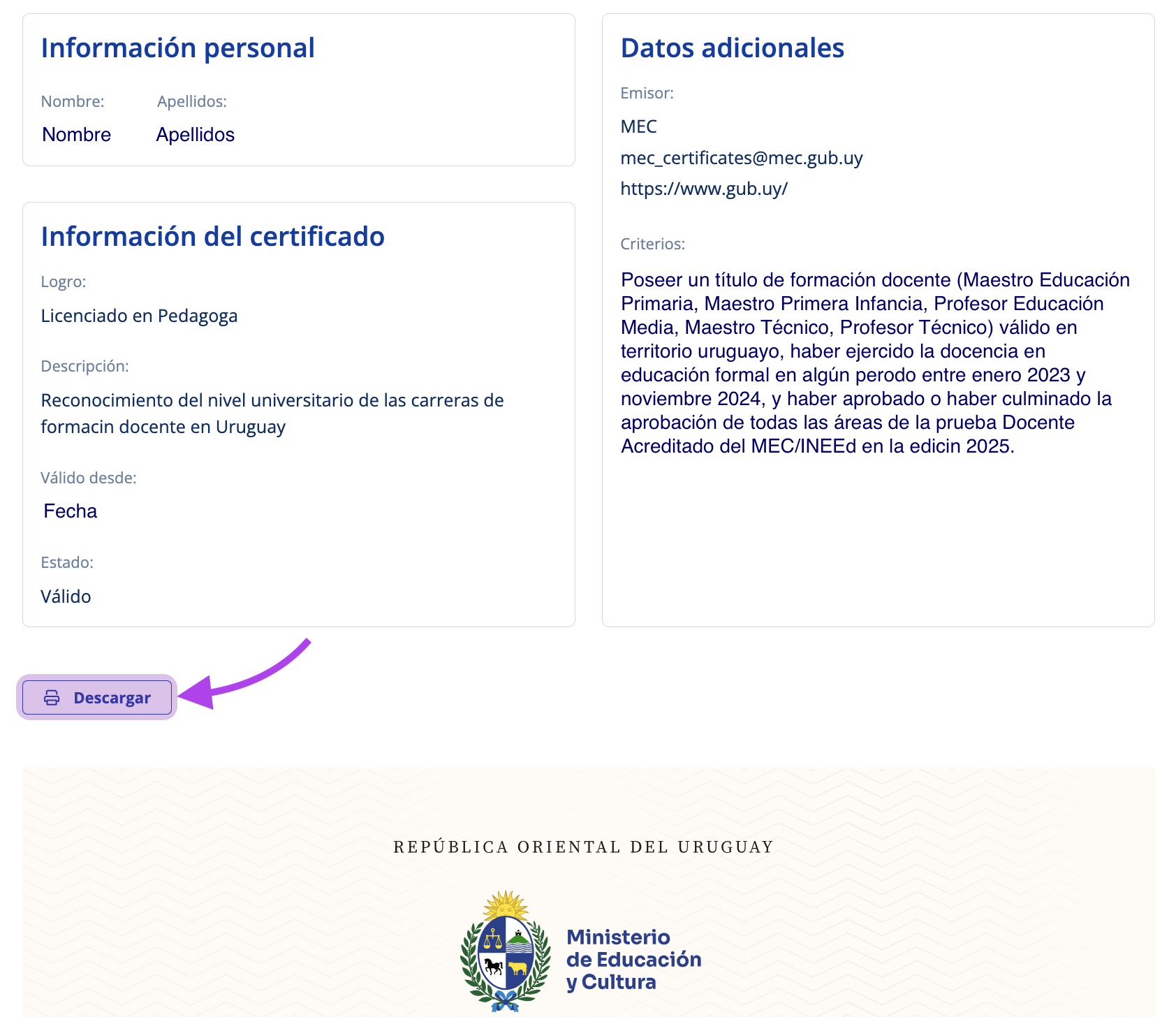 Botón descargar justo arriba del diploma